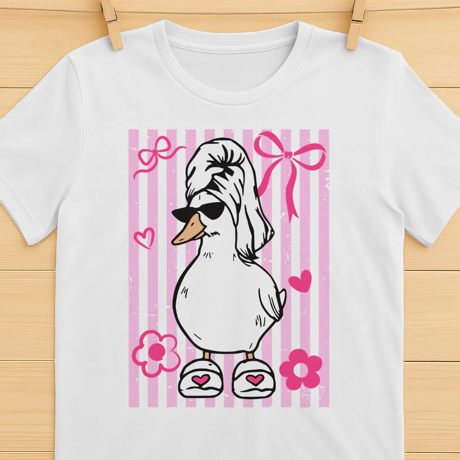 Funny Shower Goose T-Shirt for Women | Cute Duck in Towel and Slippers Graphic Tee