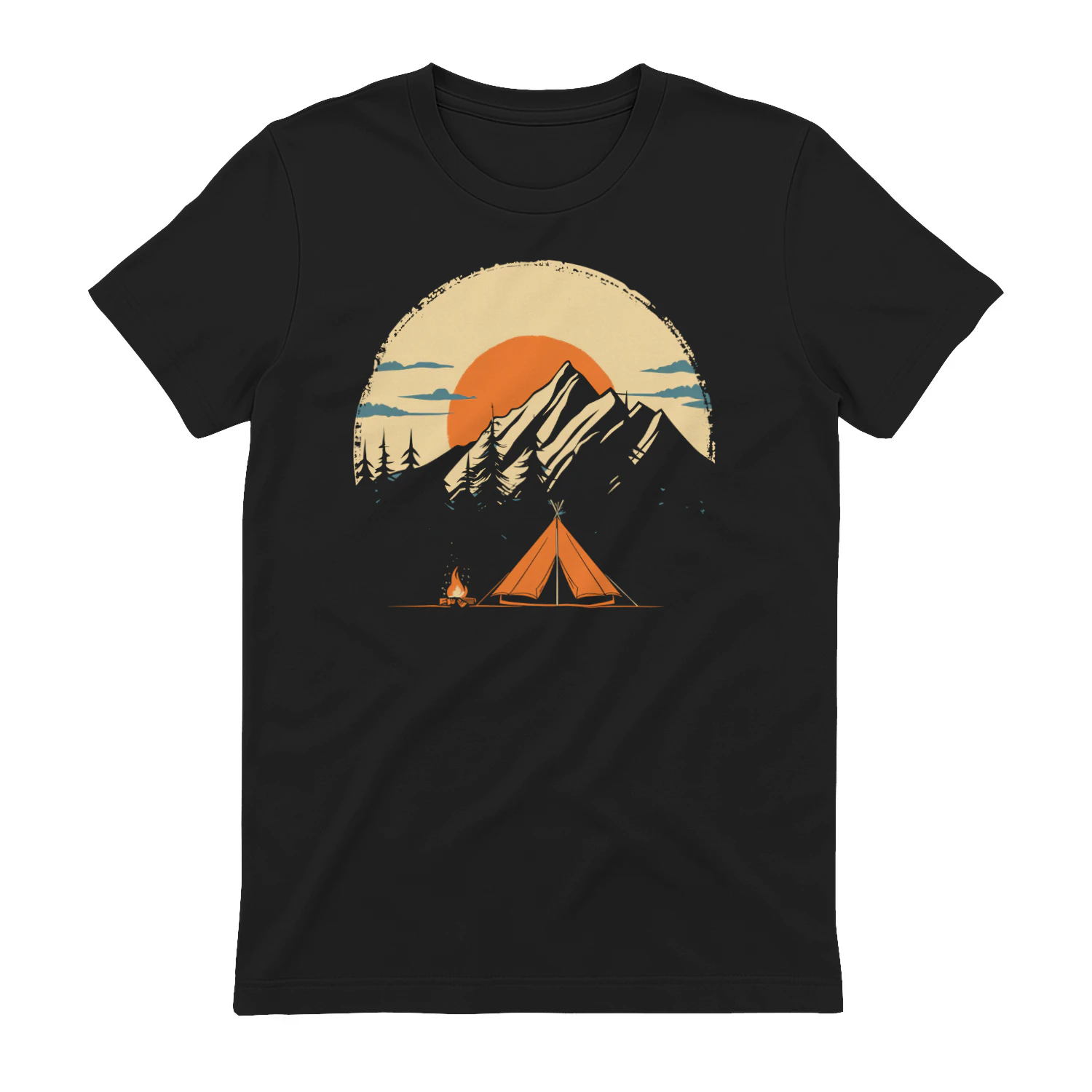 Vintage Camping Mountain Sunset T-Shirt | Outdoor Adventure Tent & Campfire Graphic Tee