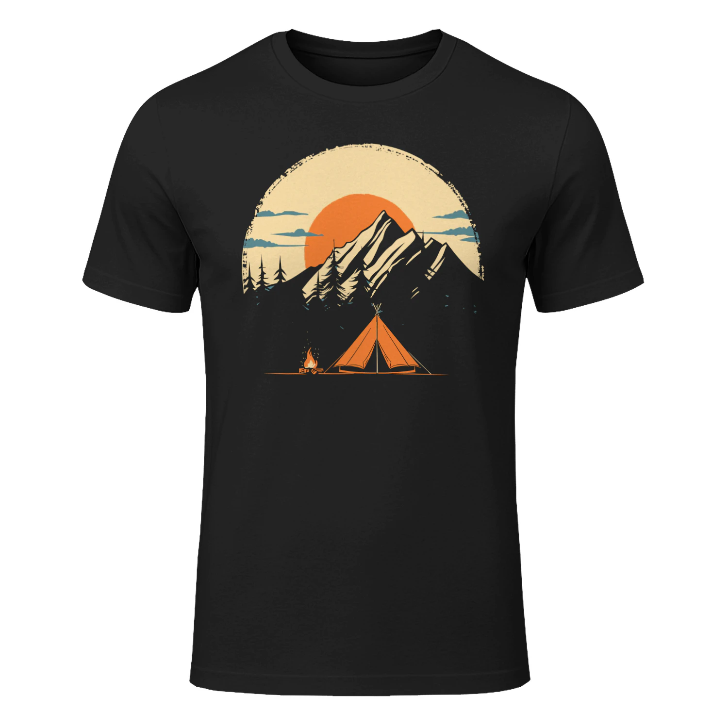 Vintage Camping Mountain Sunset T-Shirt | Outdoor Adventure Tent & Campfire Graphic Tee