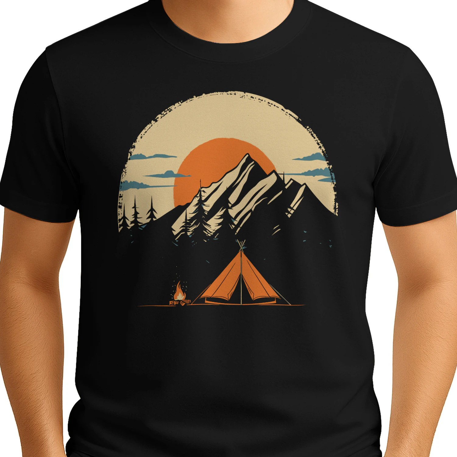 Vintage Camping Mountain Sunset T-Shirt | Outdoor Adventure Tent & Campfire Graphic Tee