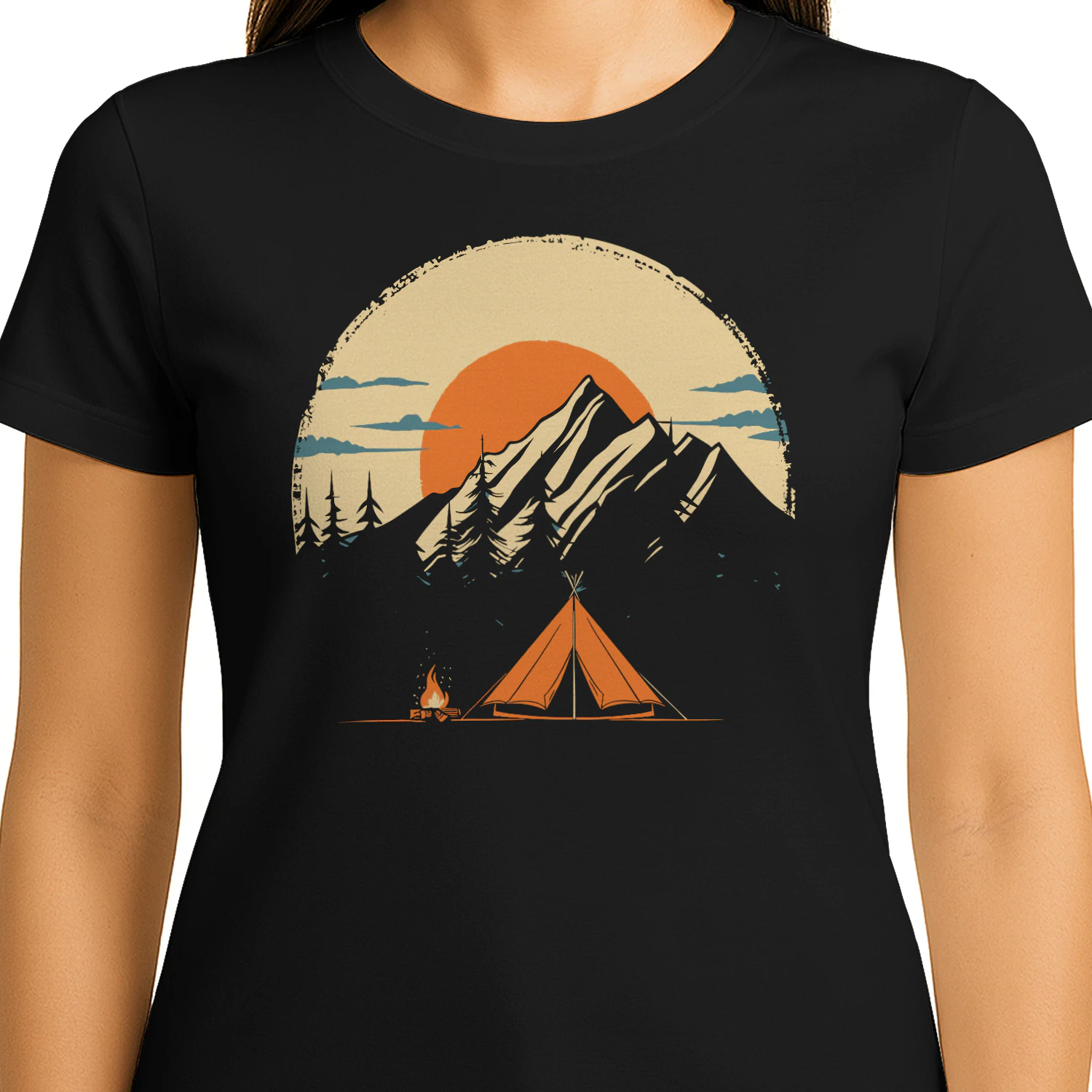 Vintage Camping Mountain Sunset T-Shirt | Outdoor Adventure Tent & Campfire Graphic Tee