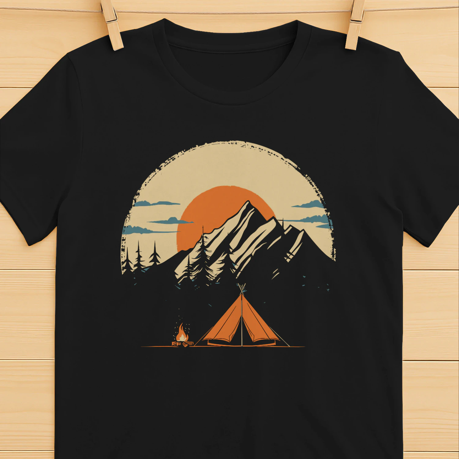 Vintage Camping Mountain Sunset T-Shirt | Outdoor Adventure Tent & Campfire Graphic Tee