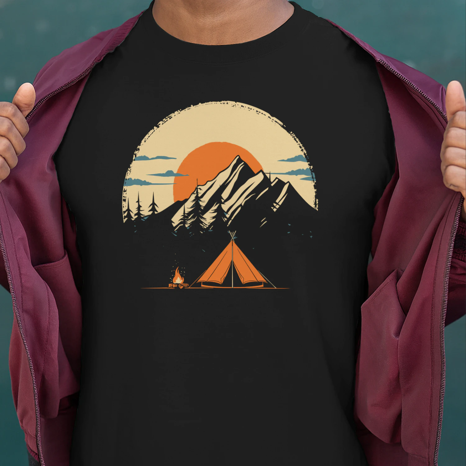 Vintage Camping Mountain Sunset T-Shirt | Outdoor Adventure Tent & Campfire Graphic Tee