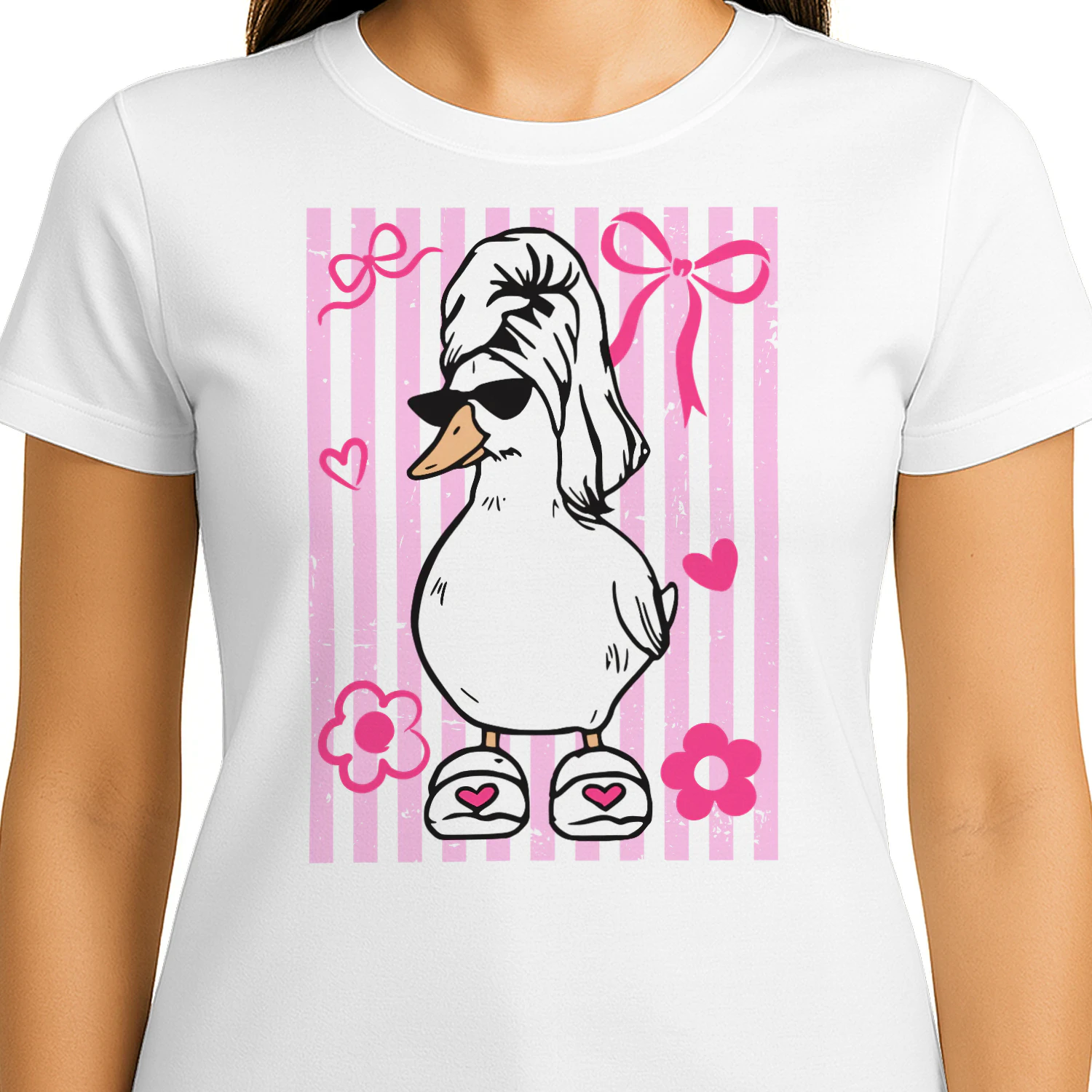 Funny Shower Goose T-Shirt for Women | Cute Duck in Towel and Slippers Graphic Tee