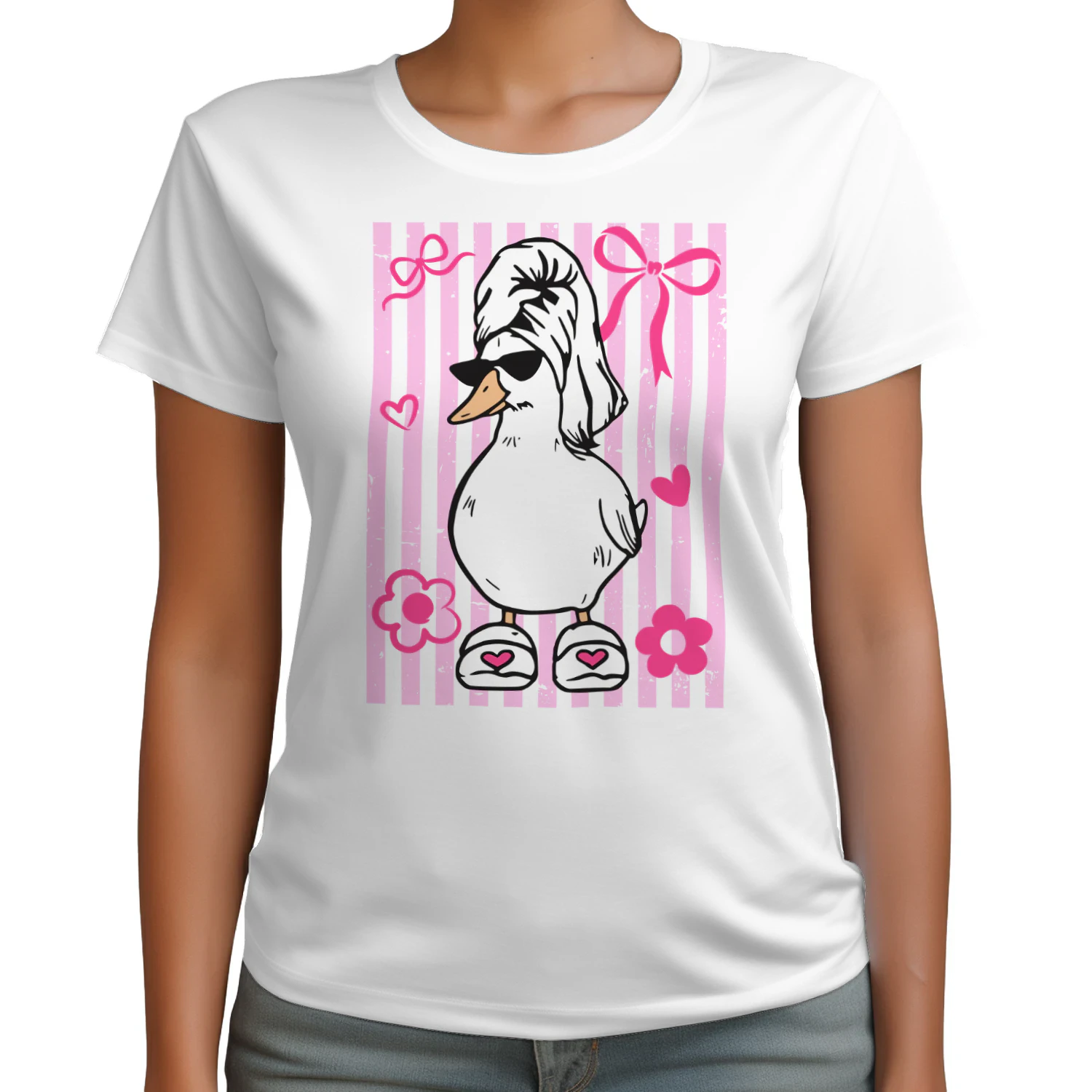 Funny Shower Goose T-Shirt for Women | Cute Duck in Towel and Slippers Graphic Tee