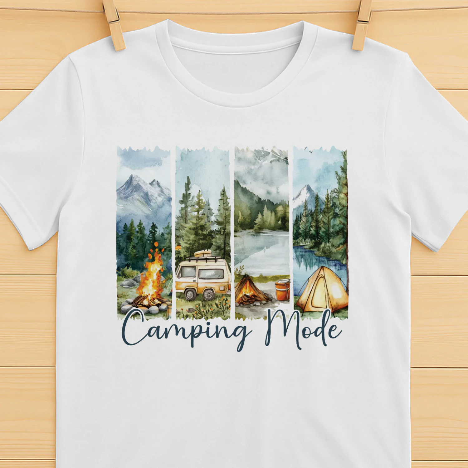 Camping Mode T-Shirt | Watercolor Outdoor Adventure Tee | Mountain Lake Camping Shirt | Nature Lover Graphic Tee