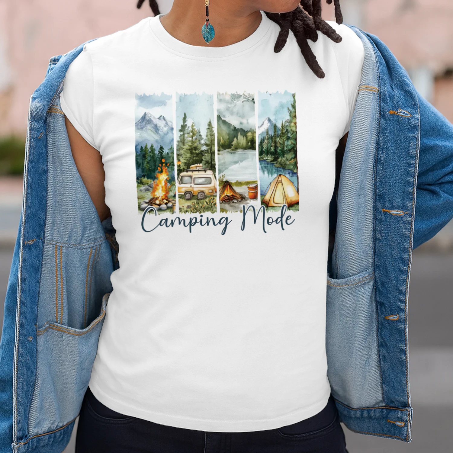 Camping Mode T-Shirt | Watercolor Outdoor Adventure Tee | Mountain Lake Camping Shirt | Nature Lover Graphic Tee