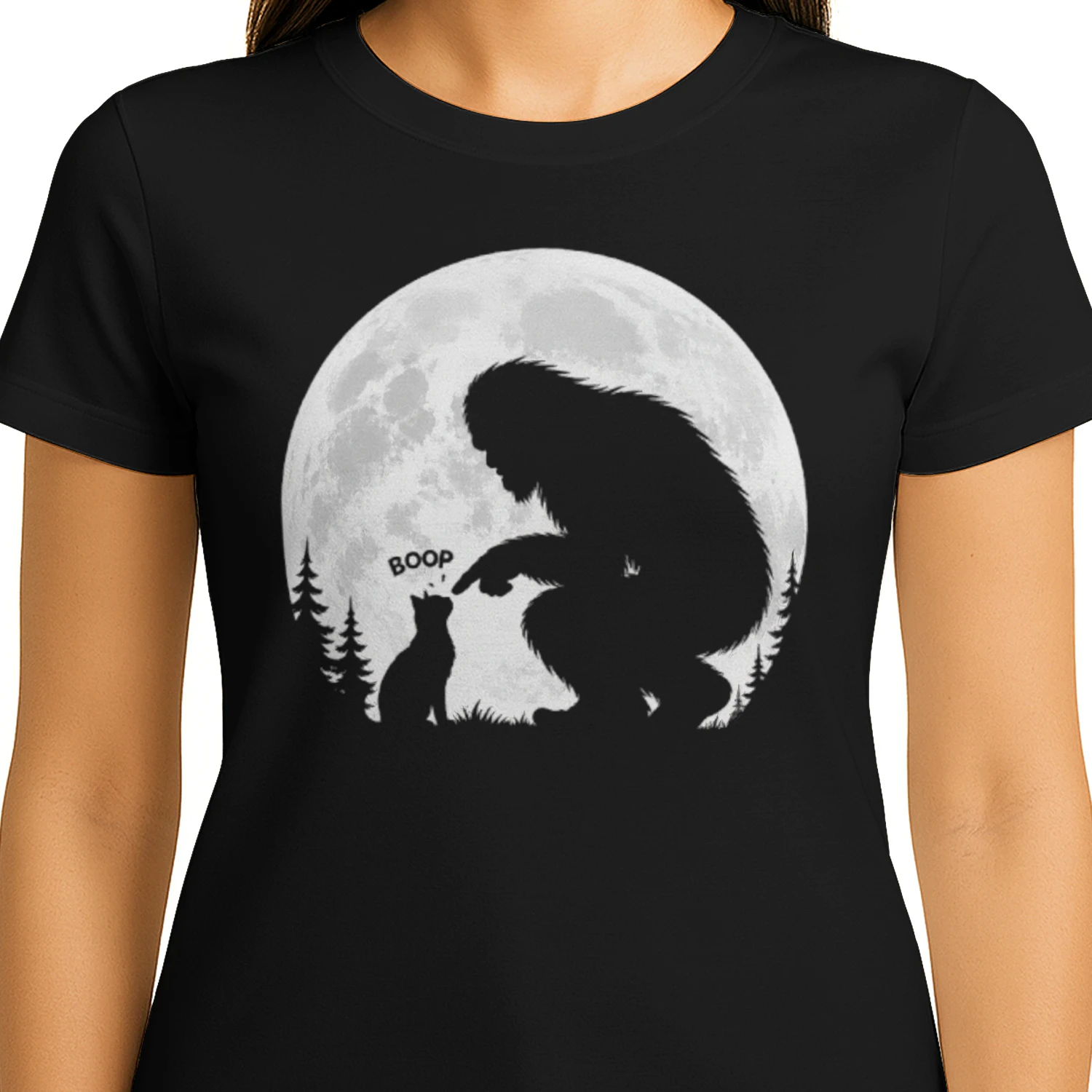 Fun Hand Boop Nose Bigfoot Sasquatch Cat Full Moon T-Shirt