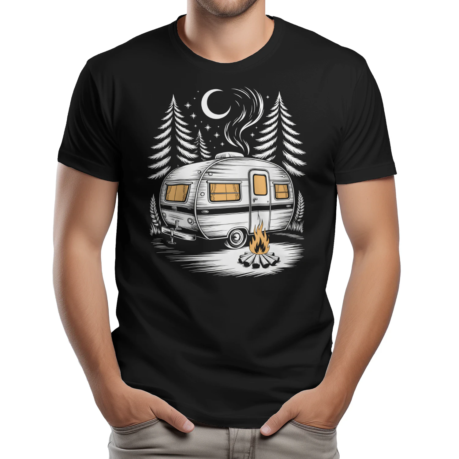 Vintage Camper Trailer Camping Shirt | Retro RV Campfire Mountain Adventure T-Shirt