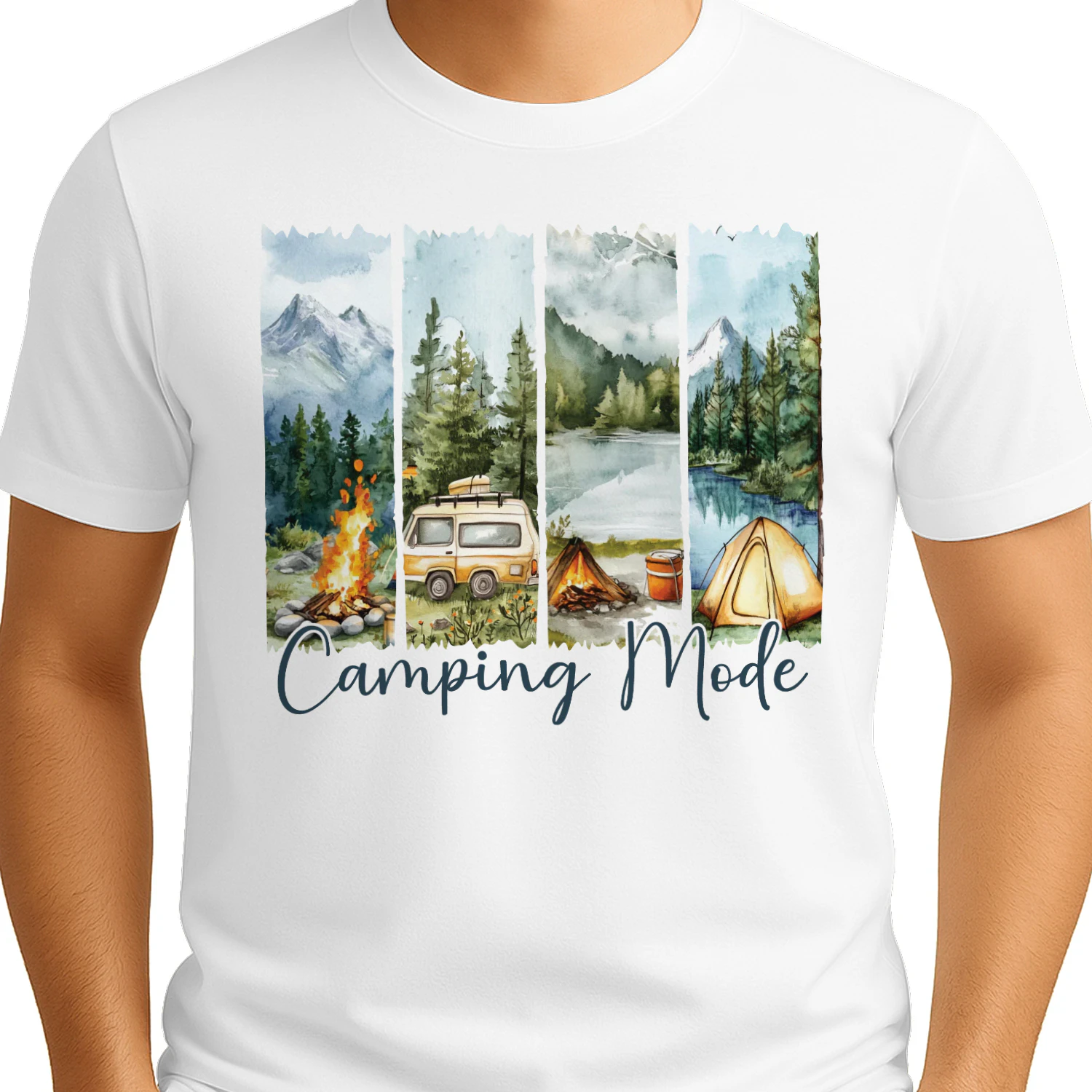Camping Mode T-Shirt | Watercolor Outdoor Adventure Tee | Mountain Lake Camping Shirt | Nature Lover Graphic Tee