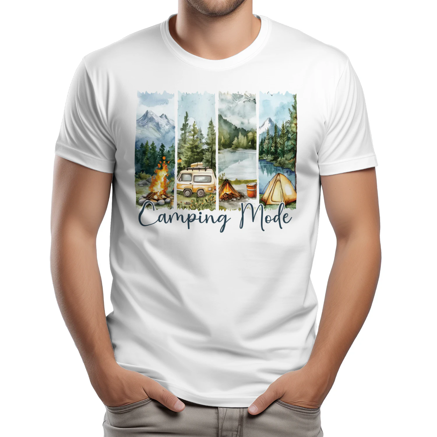 Camping Mode T-Shirt | Watercolor Outdoor Adventure Tee | Mountain Lake Camping Shirt | Nature Lover Graphic Tee