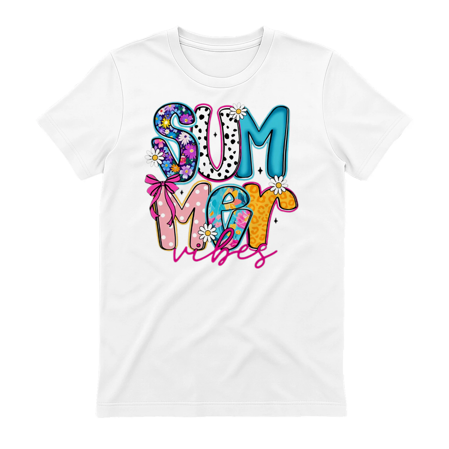 Summer Vibes Floral Leopard Polka Dot Bow Daisy Graphic T-Shirt for Women