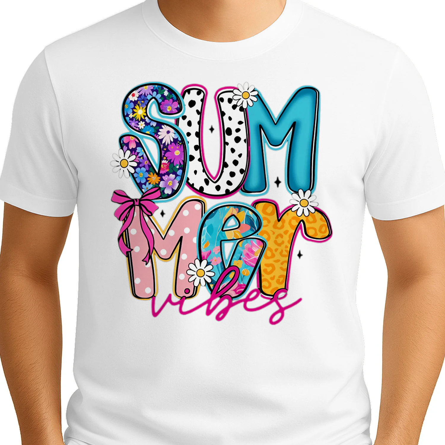 Summer Vibes Floral Leopard Polka Dot Bow Daisy Graphic T-Shirt for Women