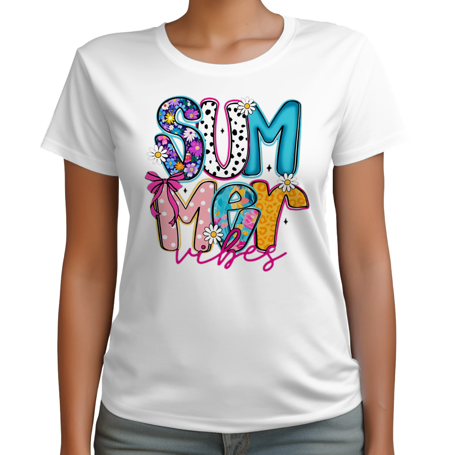 Summer Vibes Floral Leopard Polka Dot Bow Daisy Graphic T-Shirt for Women