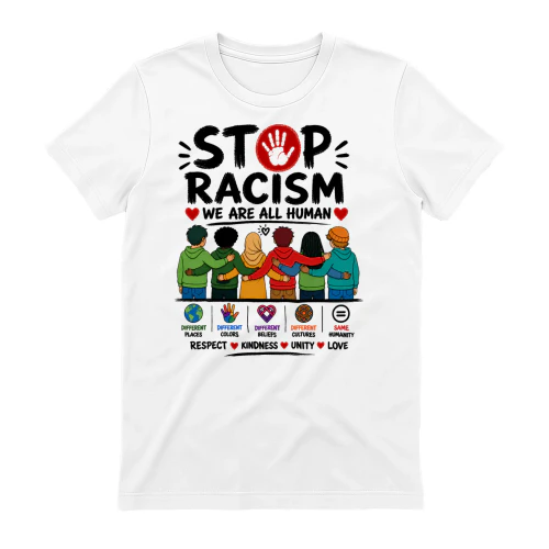 Spread a powerful message with this “Stop Racism – We Are All Human” T-shirt. A bold and meaningful design celebrating equality, diversity, respect, kindness, unity, and love.  The artwork represents people from different places, backgrounds, colors, beli
