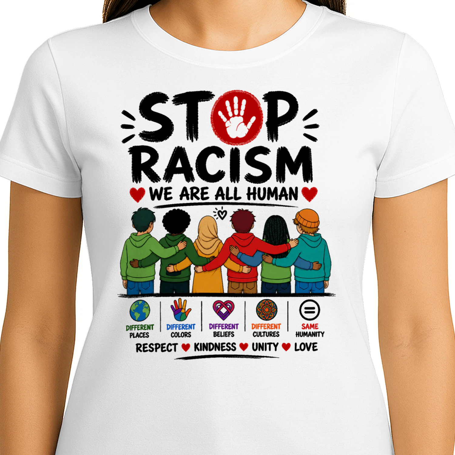 Stop Racism We Are All Human T-Shirt – Unity, Respect & Love