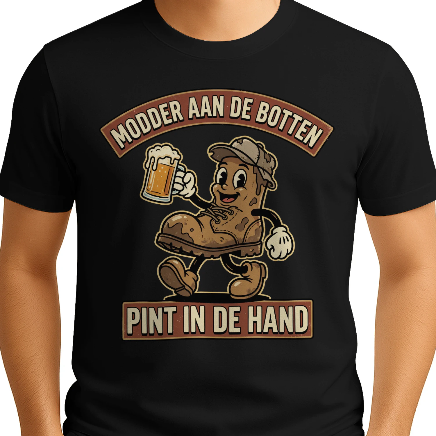 MODDER AAN DE BOTTEN. PINT IN DE HAND.