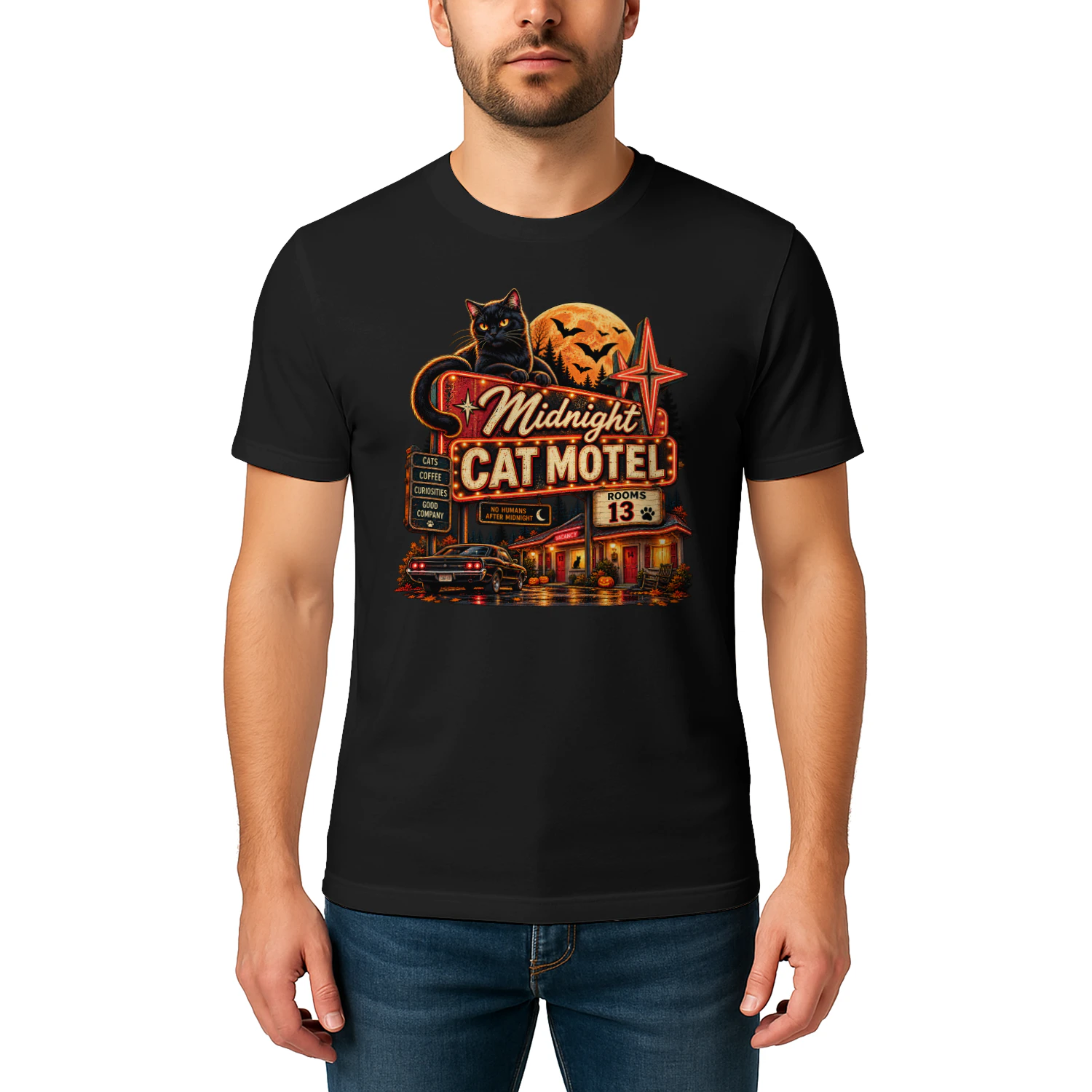 Midnight Cat Motel – Vintage Halloween Black Cat T-Shirt 
