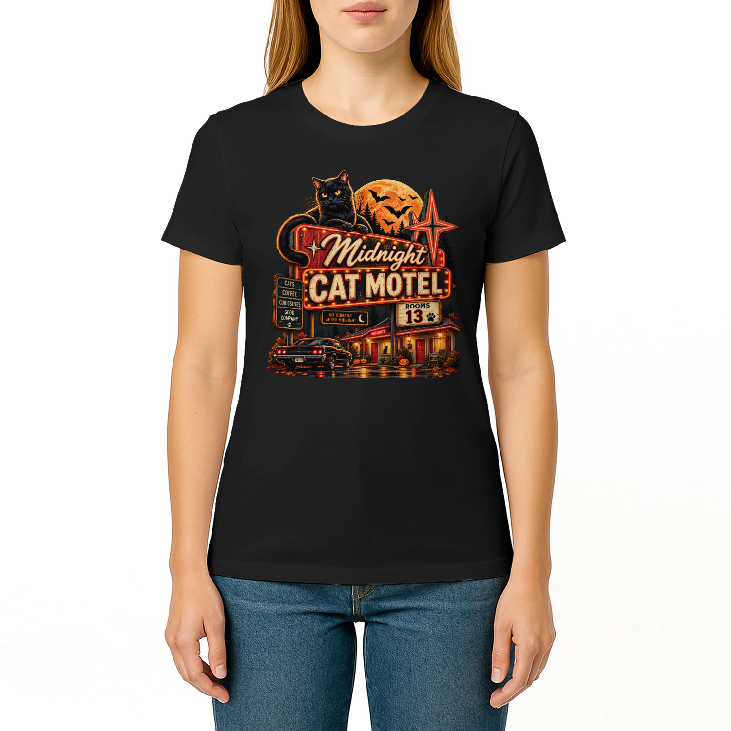 Midnight Cat Motel – Vintage Halloween Black Cat T-Shirt 
