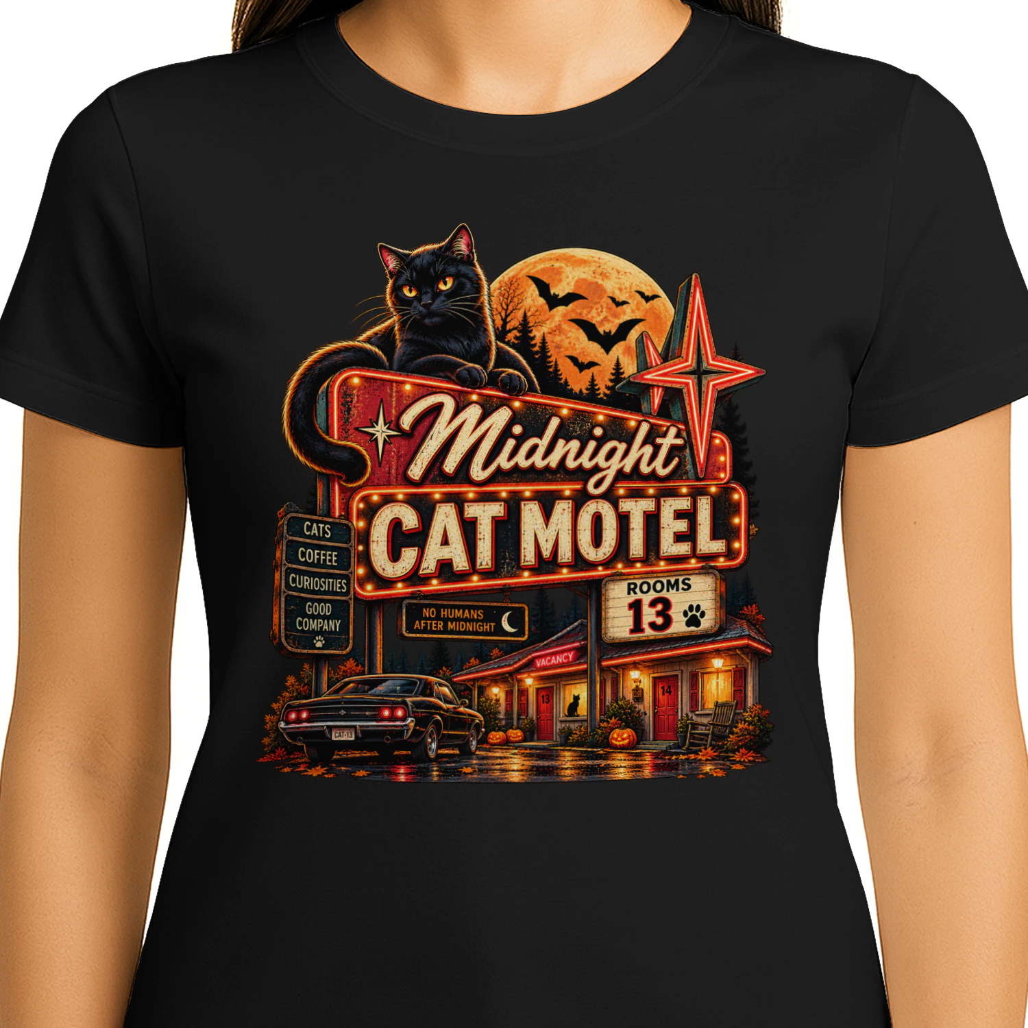 Midnight Cat Motel – Vintage Halloween Black Cat T-Shirt 