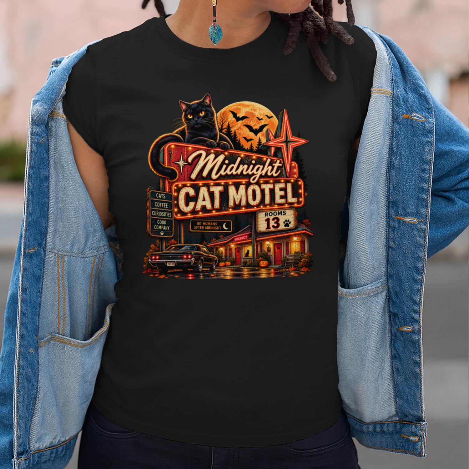Midnight Cat Motel – Vintage Halloween Black Cat T-Shirt 