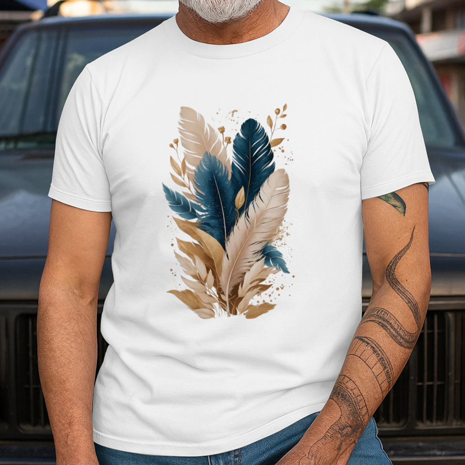 Boho Feather Harmony – Navy & Golden Feathers T-Shirt