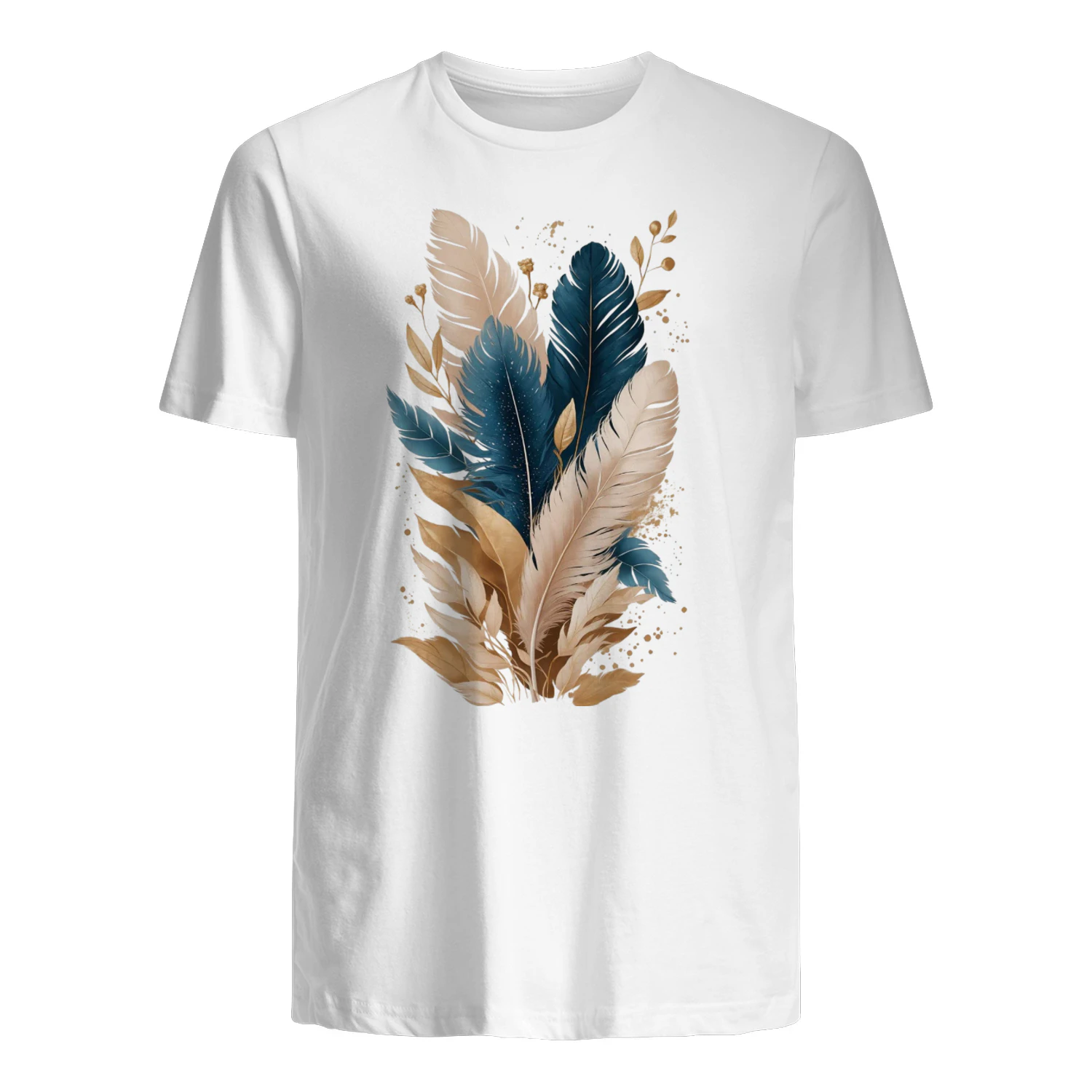 Boho Feather Harmony – Navy & Golden Feathers T-Shirt