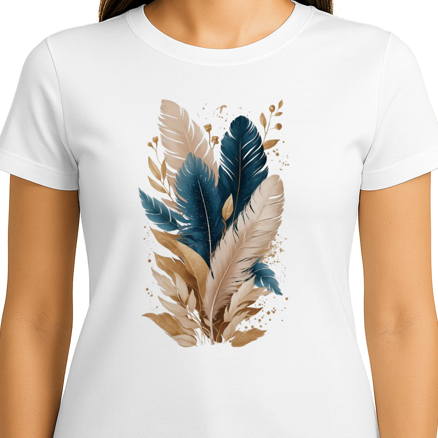 Boho Feather Harmony – Navy & Golden Feathers T-Shirt