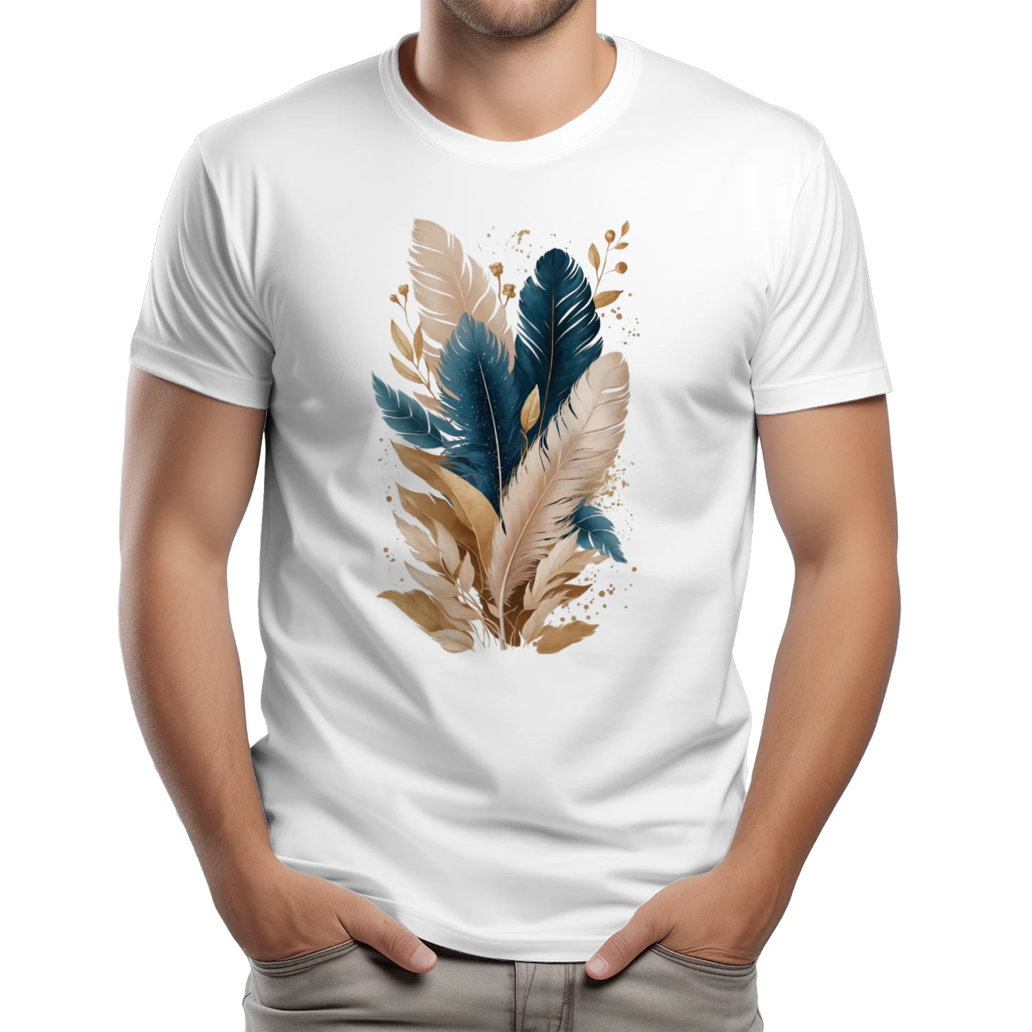 Boho Feather Harmony – Navy & Golden Feathers T-Shirt