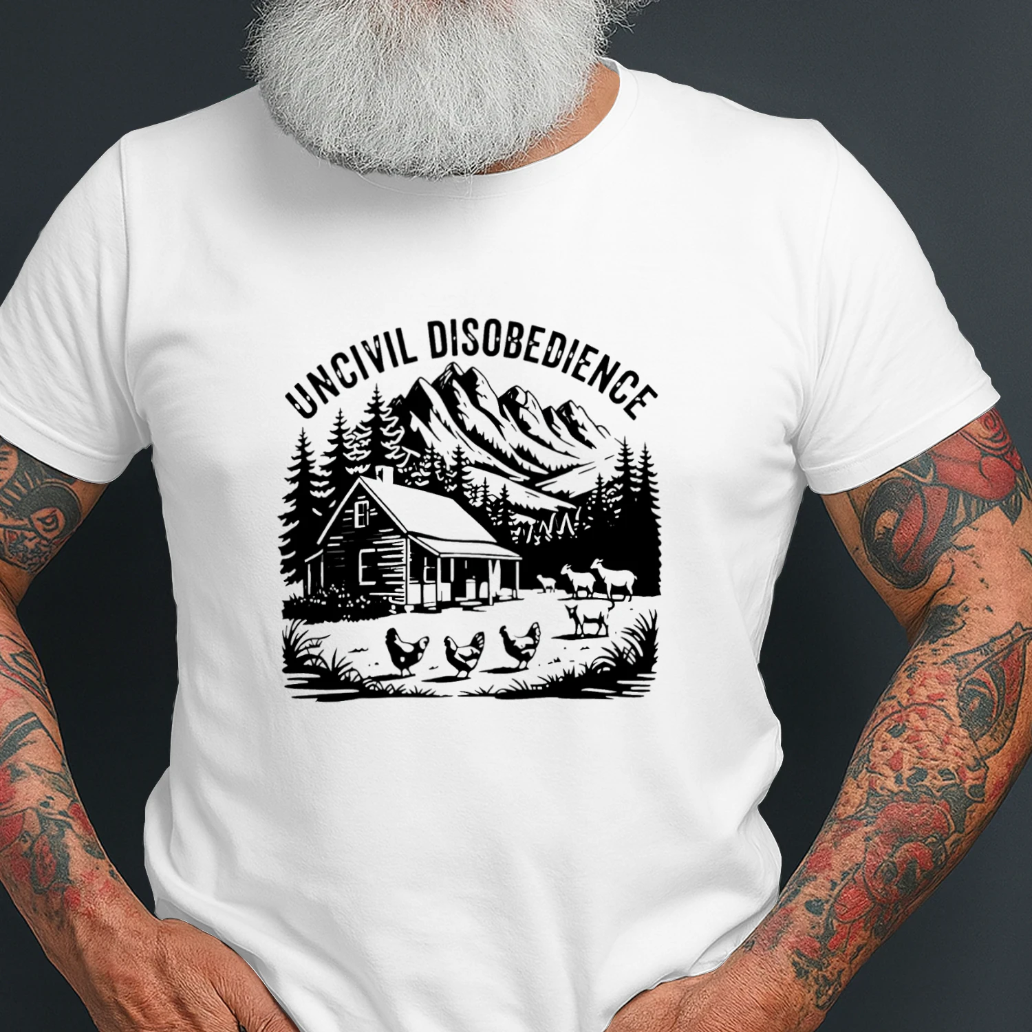 Uncivil Disobedience Mountain Cabin With Goats And Chickens T-shirt  Homestead Farm Life Design