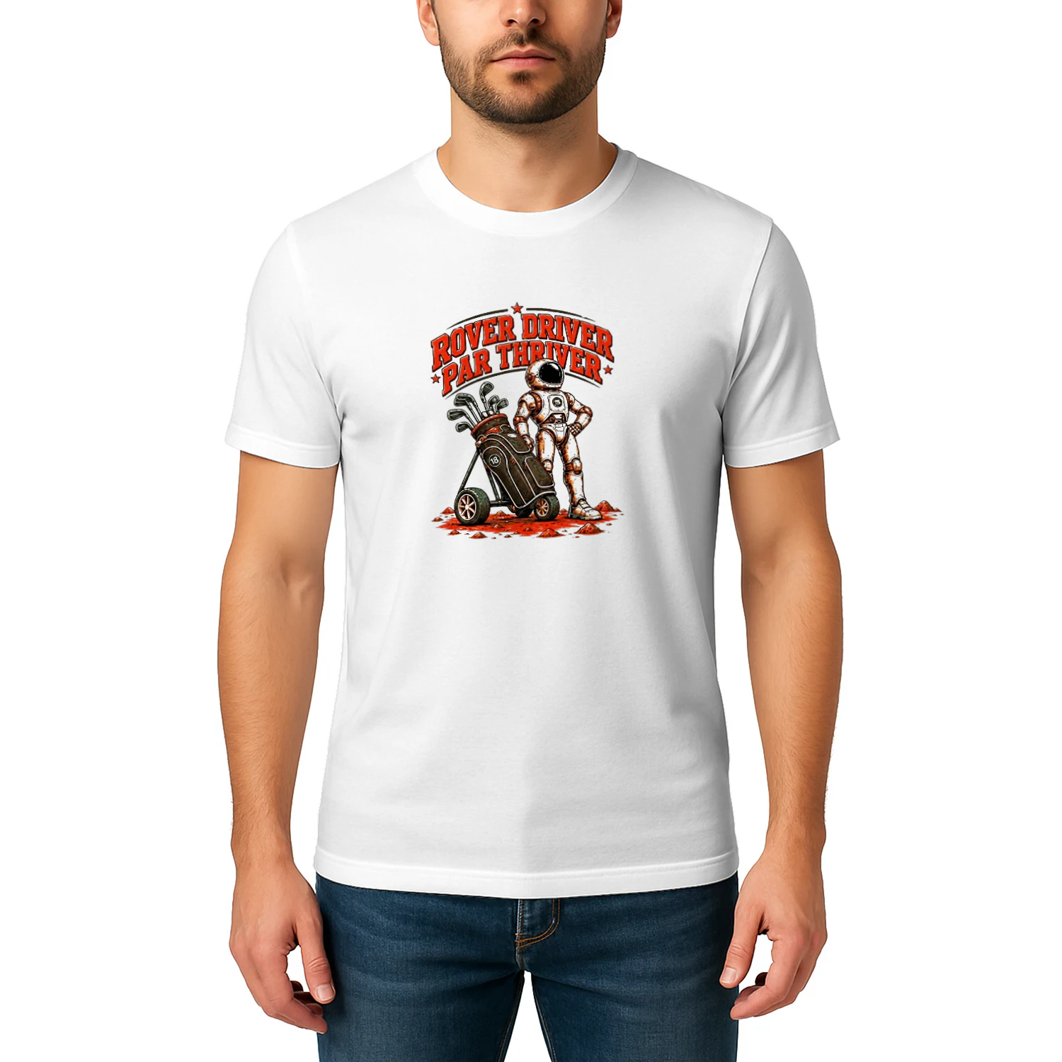 Rover Driver Par Thriver Astronaut Golfing Graphic T-shirt-Golf Lover Space Design