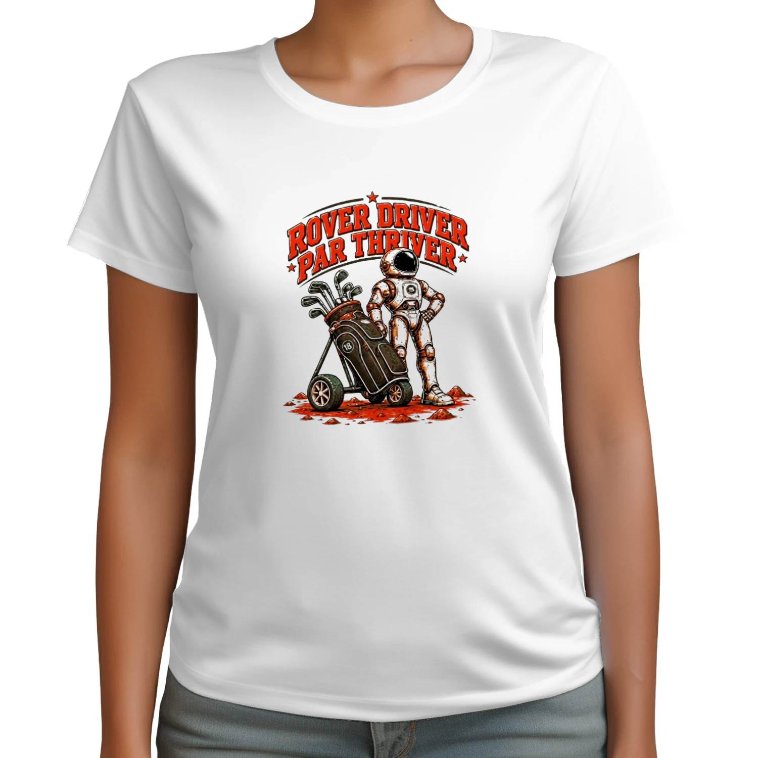 Rover Driver Par Thriver Astronaut Golfing Graphic T-shirt-Golf Lover Space Design