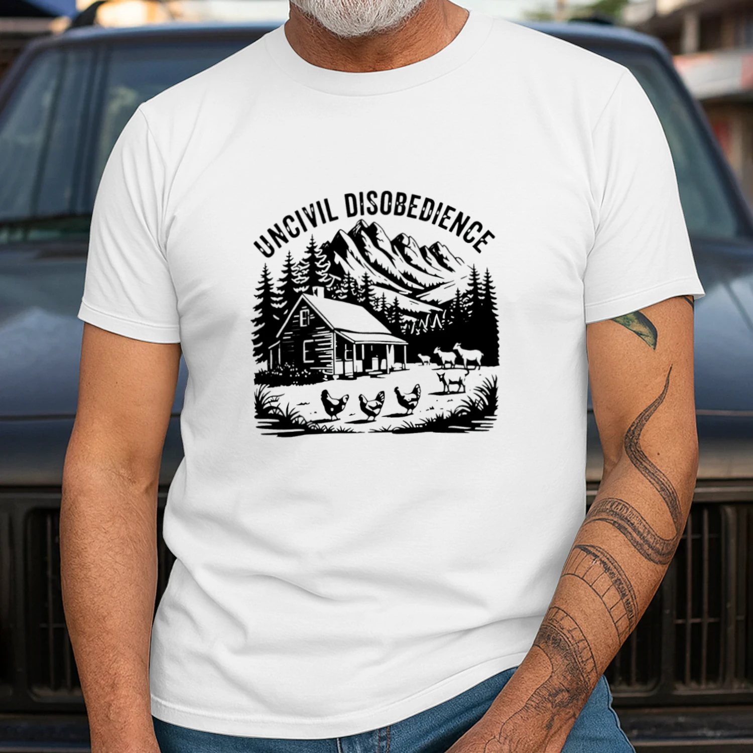 Uncivil Disobedience Mountain Cabin With Goats And Chickens T-shirt  Homestead Farm Life Design