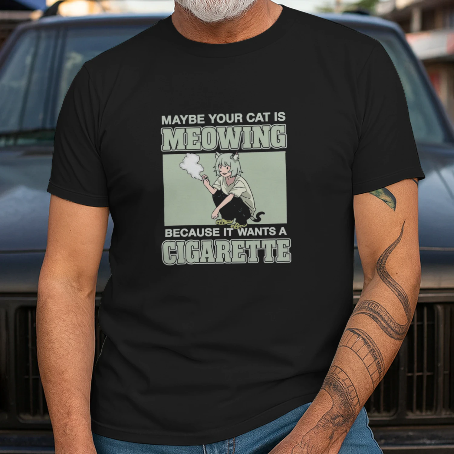 Maybe Your Cat Is Meowing Because It Wants A Cigarette T-shirt  Funny Cat Humor Design