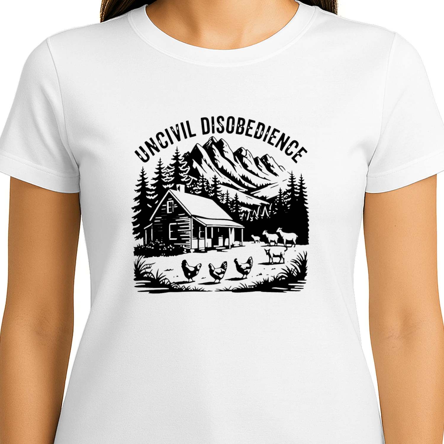 Uncivil Disobedience Mountain Cabin With Goats And Chickens T-shirt  Homestead Farm Life Design