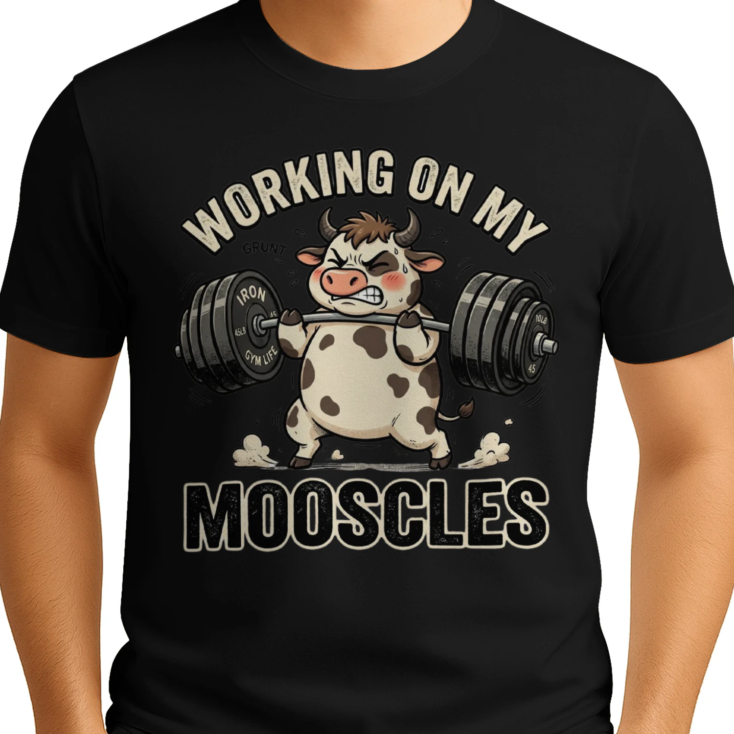 Working On My Mooscles Funny Cow Gym Shirt | Cute Weightlifting Fitness Graphic Tee
