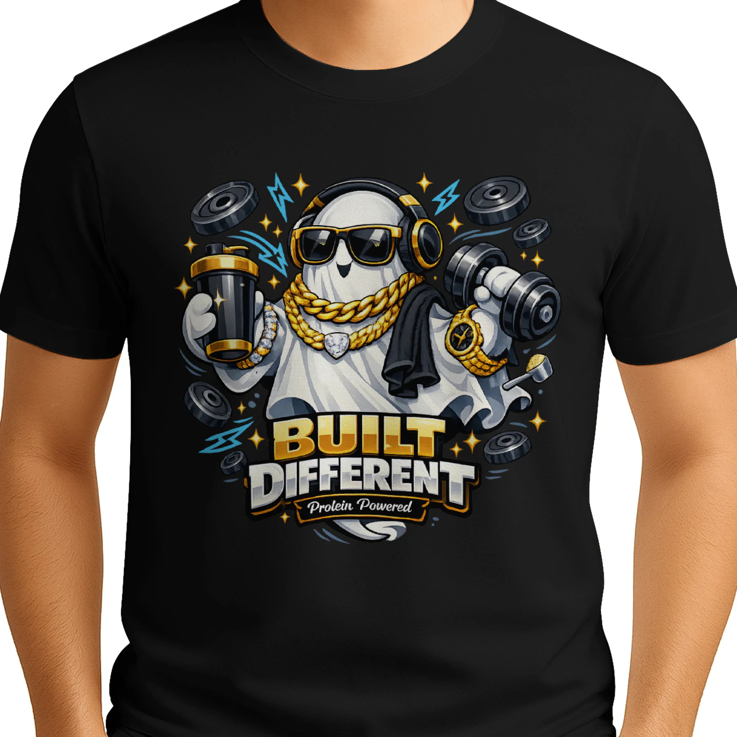 Protein Powered Ghost T-Shirt | Funny Fitness Halloween Graphic Tee