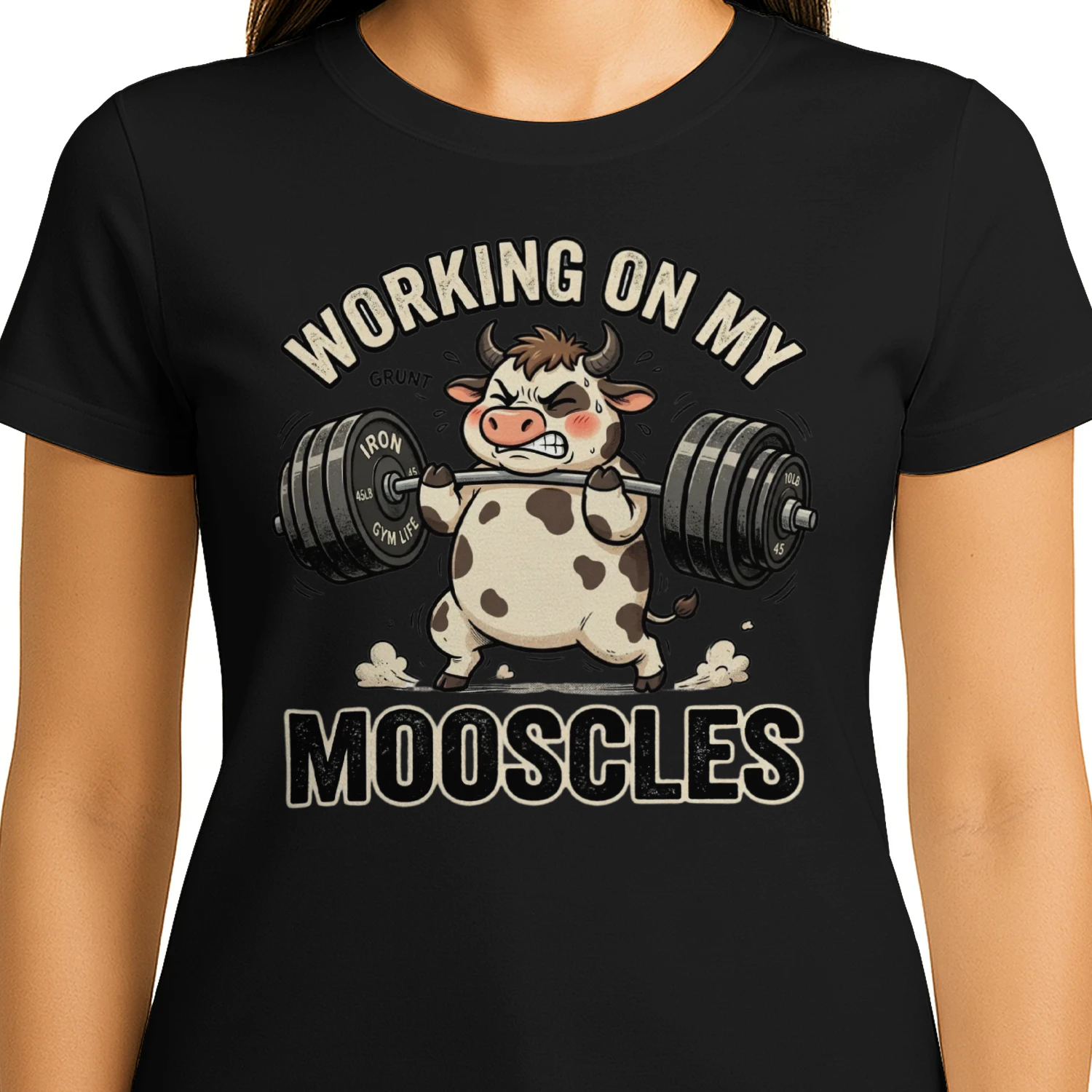 Working On My Mooscles Funny Cow Gym Shirt | Cute Weightlifting Fitness Graphic Tee