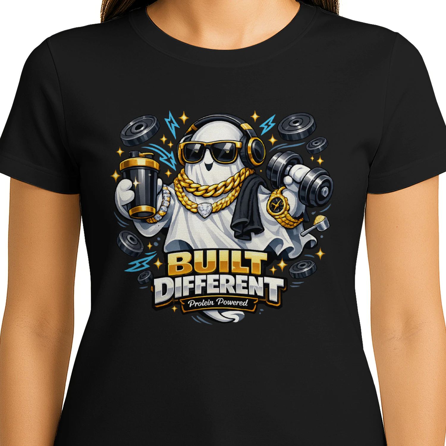 Protein Powered Ghost T-Shirt | Funny Fitness Halloween Graphic Tee