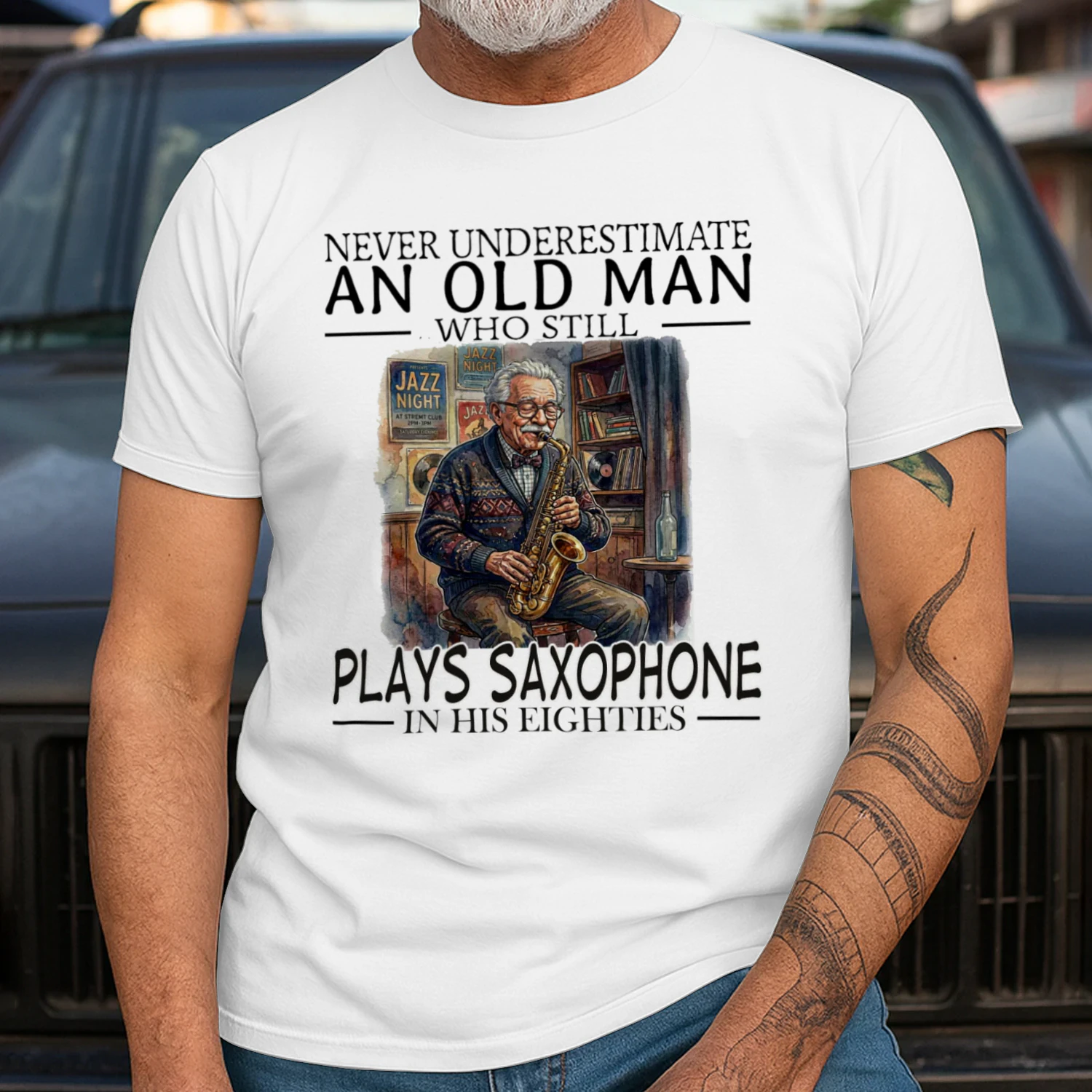 PLAYS SAXOPHONE