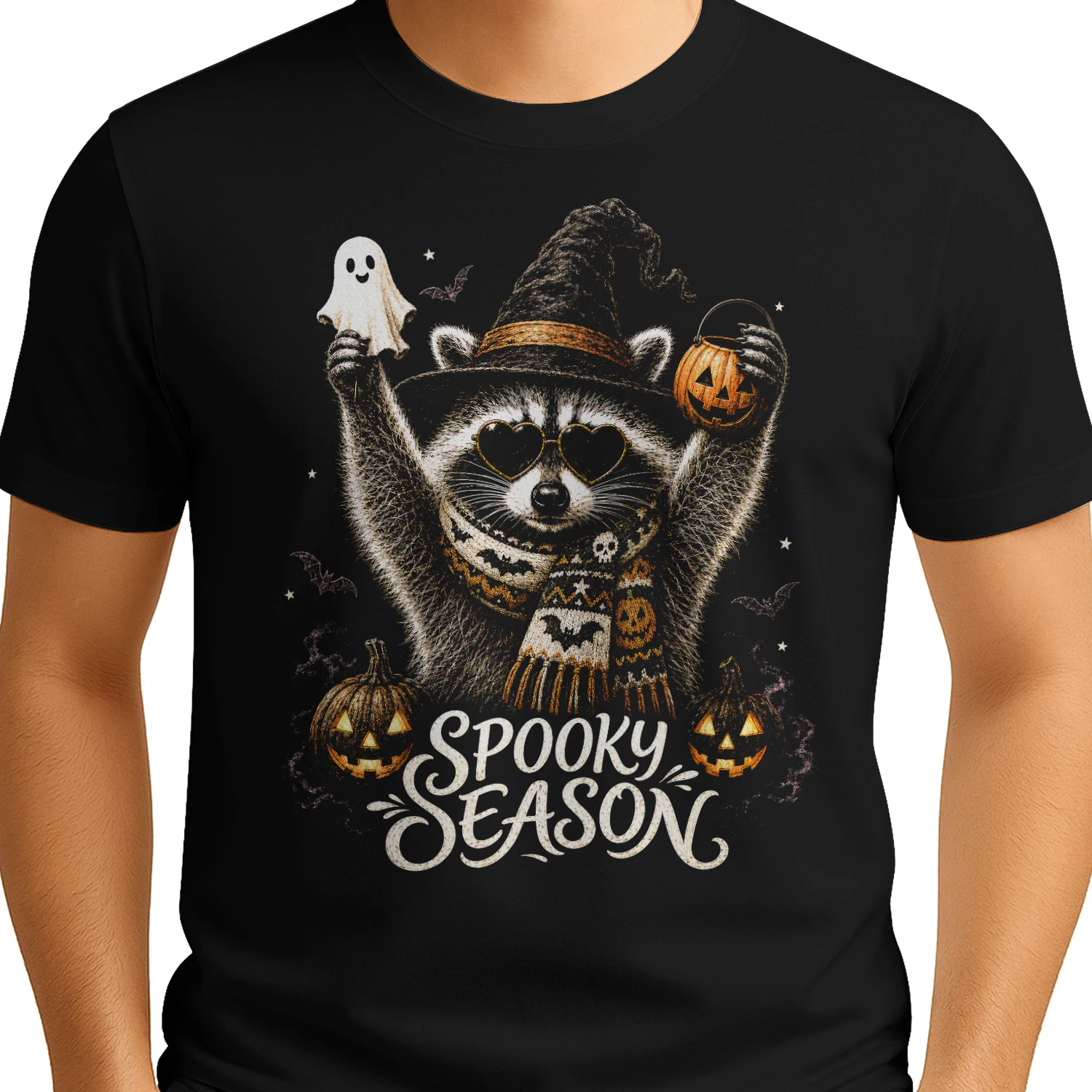 Funny Raccoon Spooky Season Halloween Pumpkin Witch Classic Unisex T-shirt 