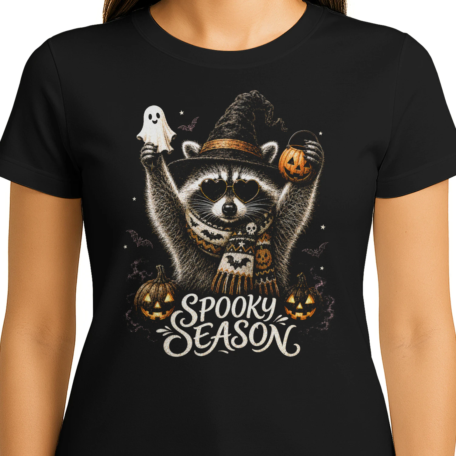 Funny Raccoon Spooky Season Halloween Pumpkin Witch Classic Unisex T-shirt 