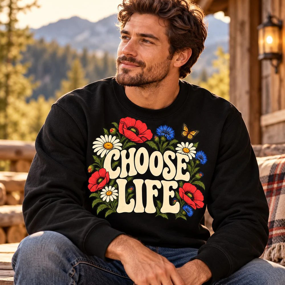 Choose Life Retro Floral Sweatshirt Vintage 70s Butterfly Crewneck Unisex
