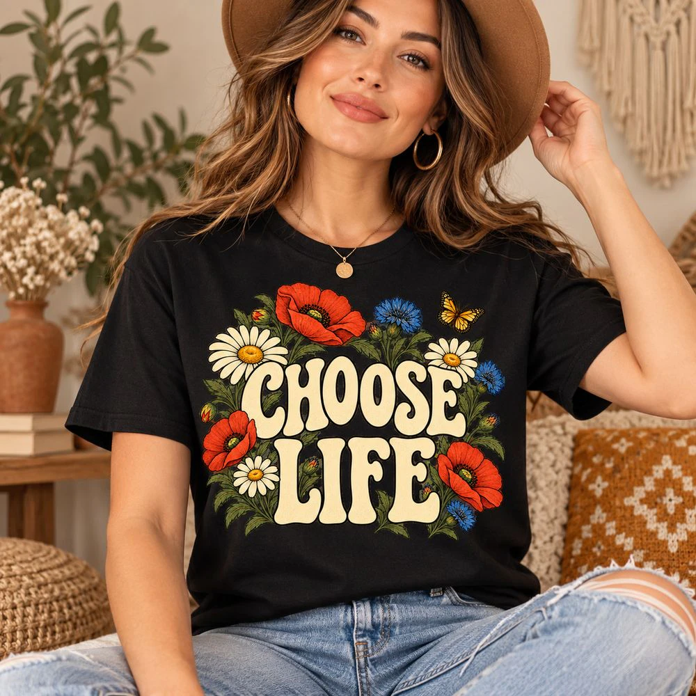 Choose Life T-Shirt Retro Floral Graphic Tee Vintage 70s Butterfly Unisex