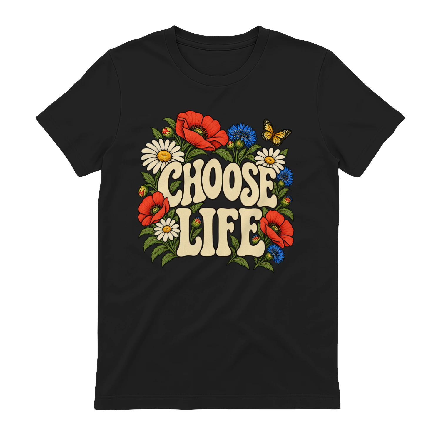 Choose Life T-Shirt Retro Floral Graphic Tee Vintage 70s Butterfly Unisex