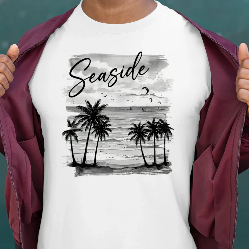 Black White Palm Tree Men T-Shirt, Summer Beach Vacation Tee