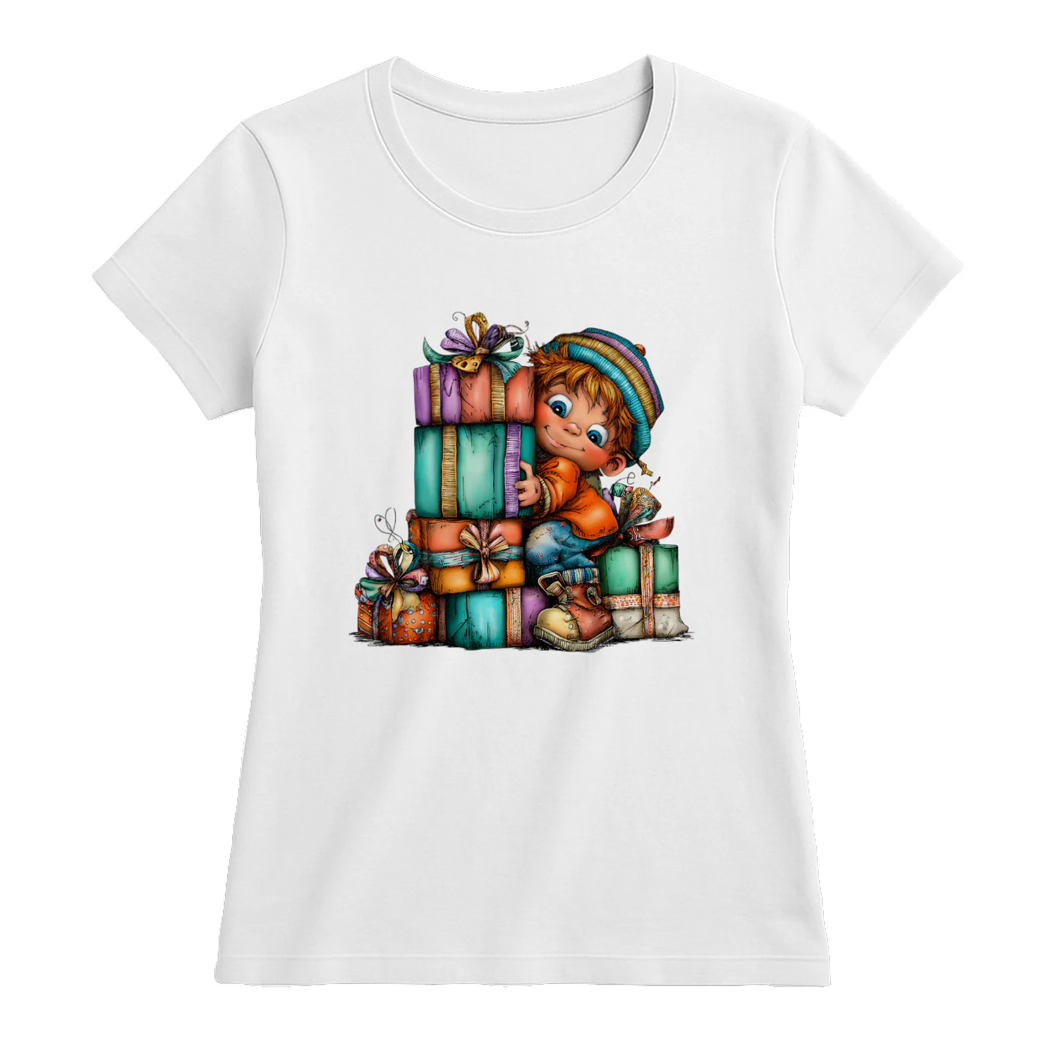 Cute Christmas Boy Surrounded by Colorful Presents Holiday Gift Giving T-Shirt