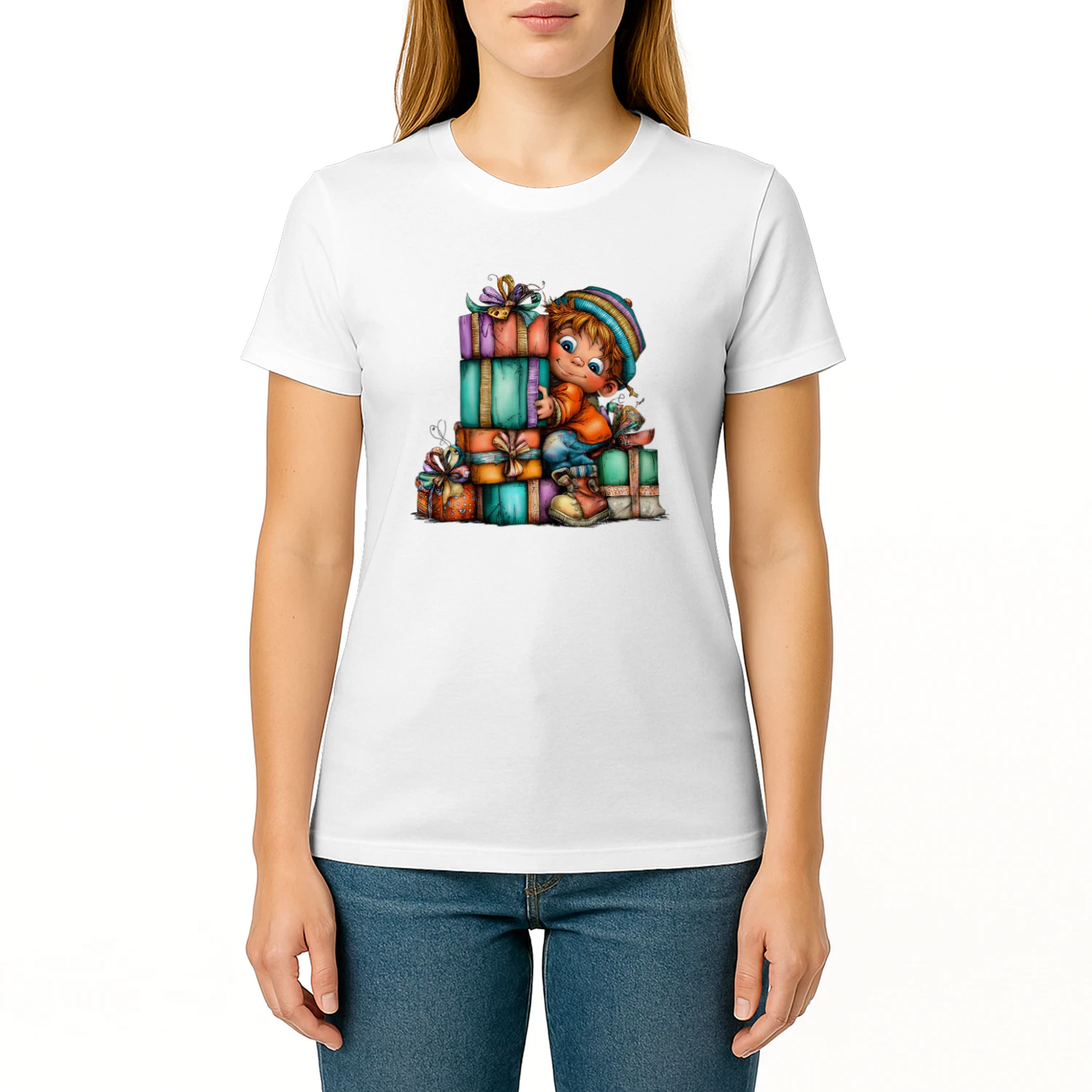 Cute Christmas Boy Surrounded by Colorful Presents Holiday Gift Giving T-Shirt