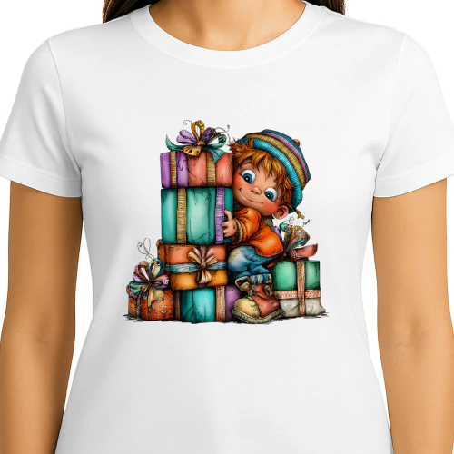 Cute Christmas Boy Surrounded by Colorful Presents Holiday Gift Giving T-Shirt