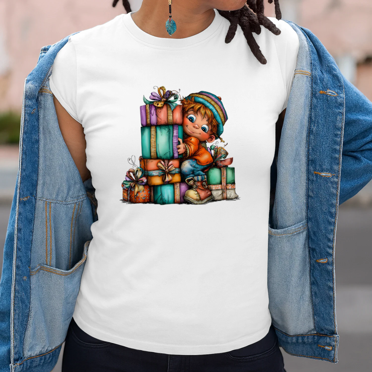 Cute Christmas Boy Surrounded by Colorful Presents Holiday Gift Giving T-Shirt